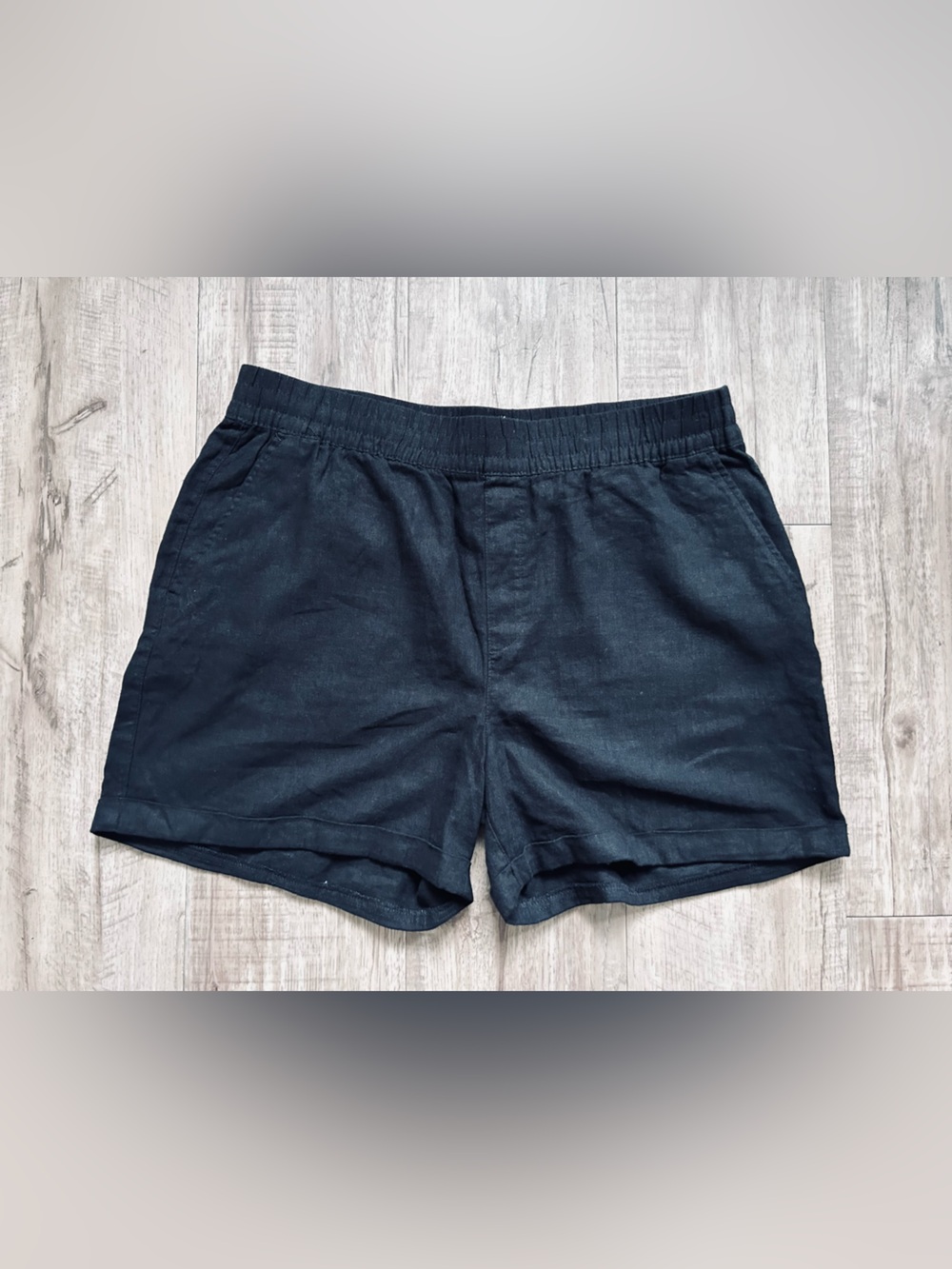 Linen blend Black Elastic-Waist Casual pull on Shorts summer beachy neutral